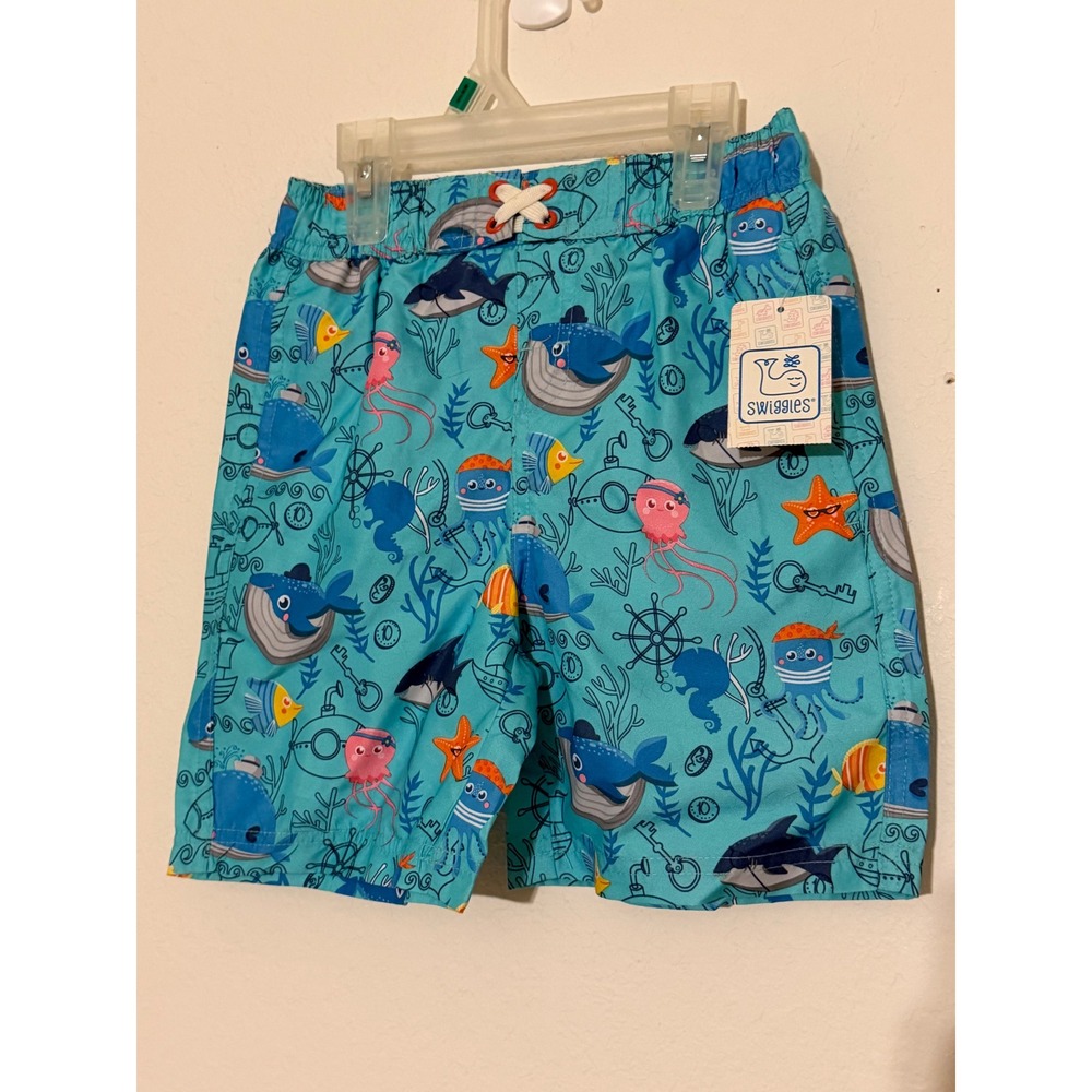 Swiggles Toddler Boys Sea Life Print Swim Trunks Blue Whale Shark 4T NWT